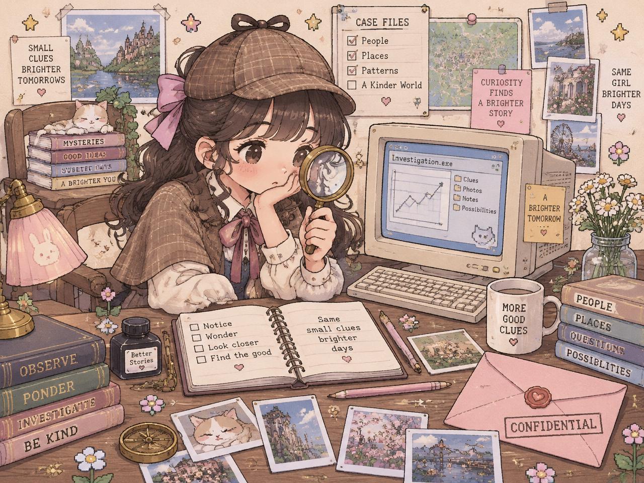 Illustrated detective girl at a desk with a computer, notebook and a confidential envelope